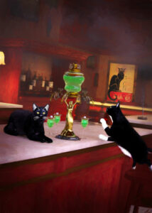 Two cats at an absinthe bar, from the illustration to The Cat of the Mosque — art by Joel Bisaillon